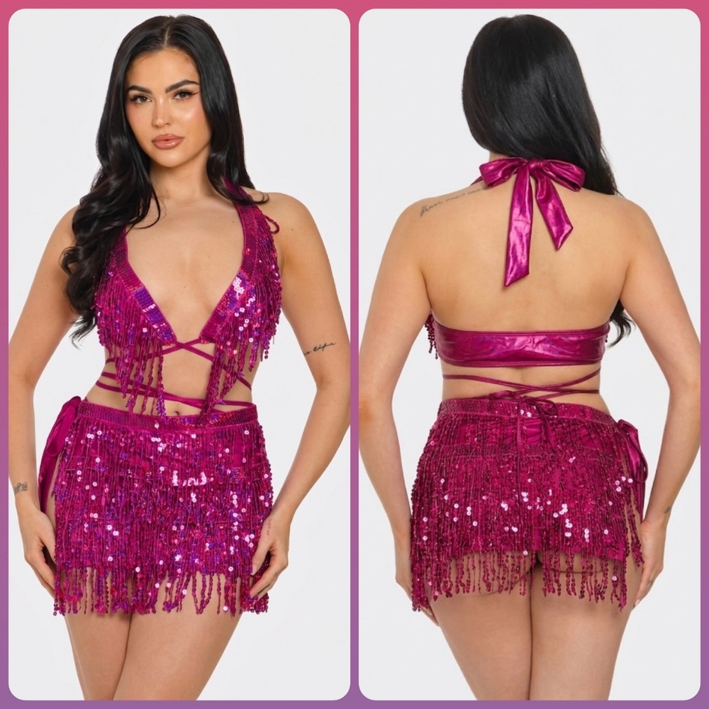 NEW NWT PINK COACHELLA Sequin Bikini Top And Fringe Bottom Festival Set large - Picture 2 of 4